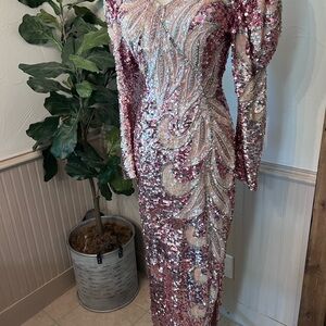 Custom Pink and Silver Sequin Long Sleeve Gown with slit